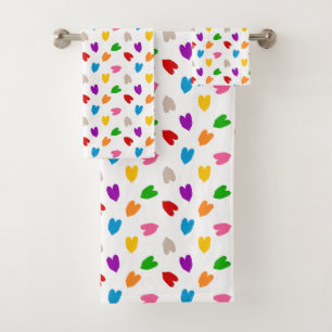 Colorful Love Hearts Pattern Design White Bath Towel Set