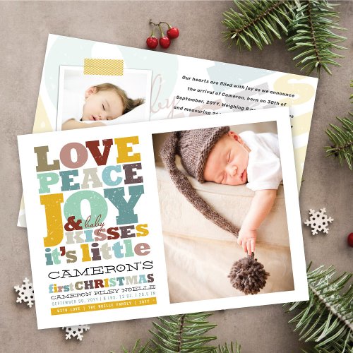 Colorful Love Peace Joy And Baby Kisses Letters Holiday Card