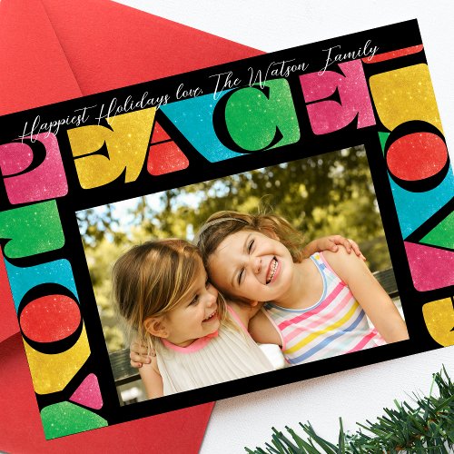 colorful LOVE PEACE JOY one photo  modern frame Holiday Card