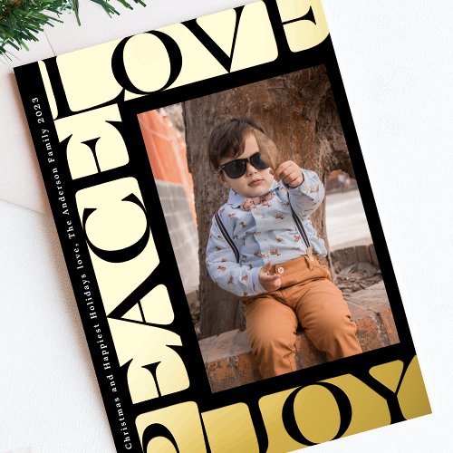 colorful LOVE PEACE JOY photo onyx frame Foil Holiday Card