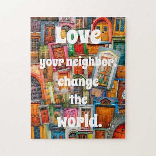 Colorful Love Your Neighbor Vintage Doors Collage Jigsaw Puzzle