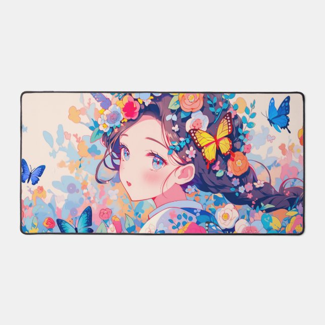 Colorful Lovely Floral Girl with Butterfly Desk Mat (Front)