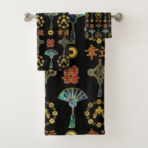 Colorful Lucky Chinese Symbols  Pattern Bath Towel Set