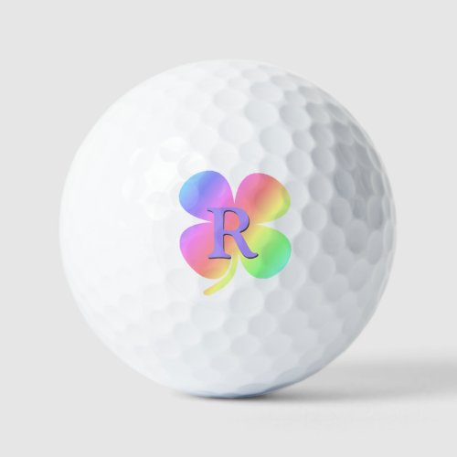 Colorful Lucky Four Leaf Clovers Monogrammed Golf Balls