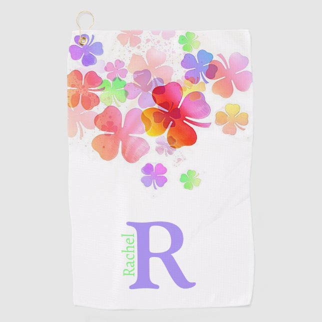 Colorful Lucky Four Leaf Clovers Monogrammed Golf Towel (Front)