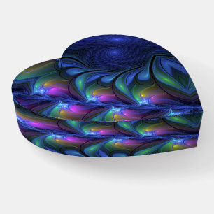 Colorful Luminous Abstract Blue Pink Fractal Heart Paperweight