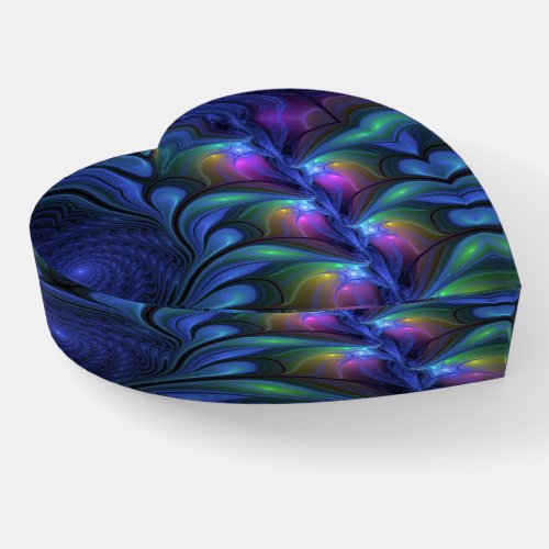 Colorful Luminous Abstract Blue Pink Fractal Heart Paperweight