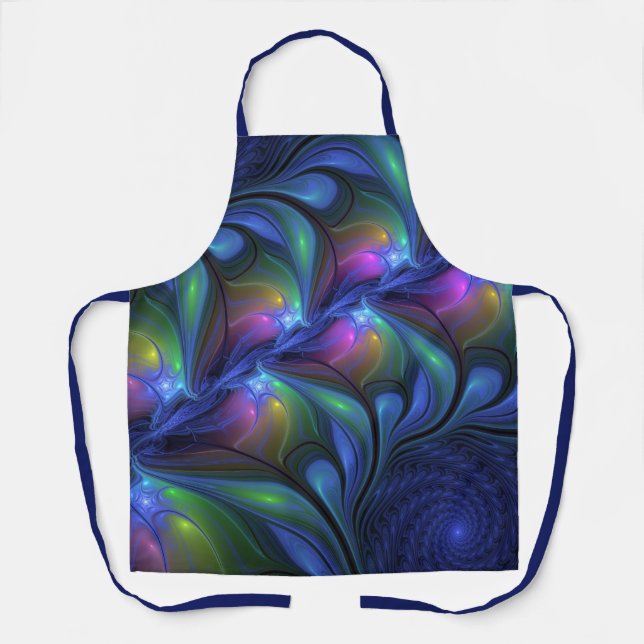 Colorful Luminous Abstract Blue Pink Green Fractal Apron (Front)