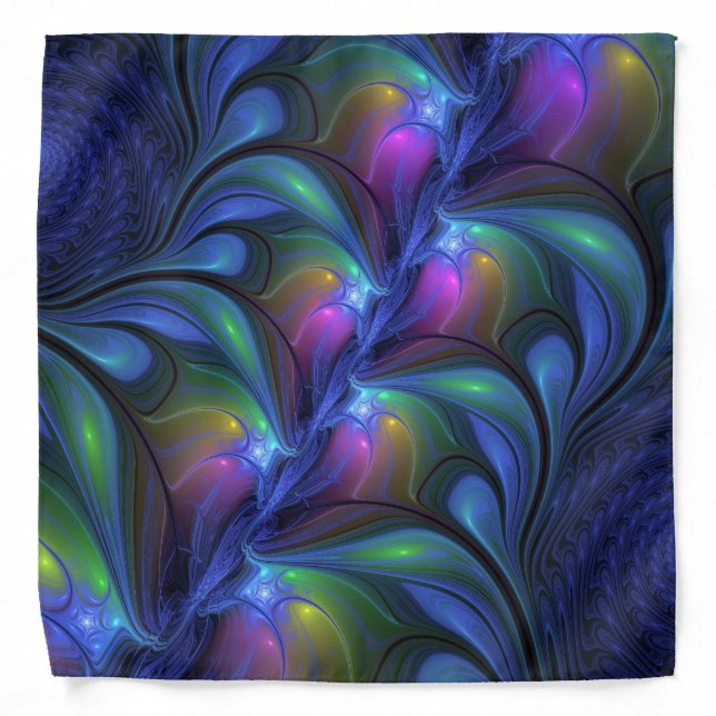 Colorful Luminous Abstract Blue Pink Green Fractal Bandana (Front)