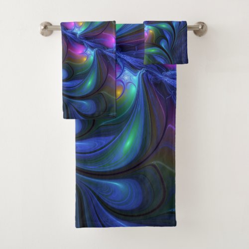 Colorful Luminous Abstract Blue Pink Green Fractal Bath Towel Set