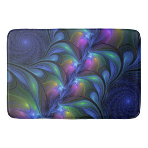 Colorful Luminous Abstract Blue Pink Green Fractal Bathroom Mat