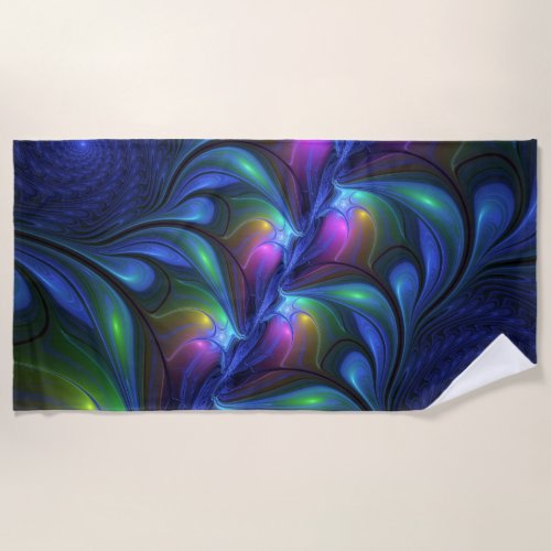 Colorful Luminous Abstract Blue Pink Green Fractal Beach Towel