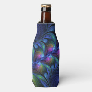 Colorful Luminous Abstract Blue Pink Green Fractal Bottle Cooler