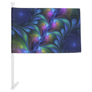 Colorful Luminous Abstract Blue Pink Green Fractal Car Flag