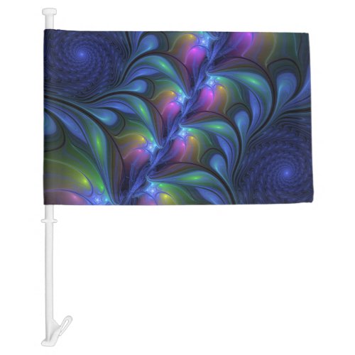 Colorful Luminous Abstract Blue Pink Green Fractal Car Flag