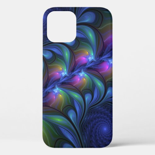 Colorful Luminous Abstract Blue Pink Green Fractal iPhone 12 Case