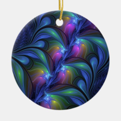 Colorful Luminous Abstract Blue Pink Green Fractal Ceramic Ornament