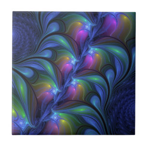 Colorful Luminous Abstract Blue Pink Green Fractal Ceramic Tile