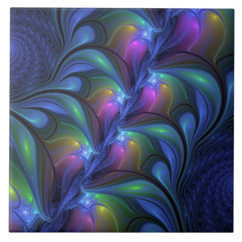Colorful Luminous Abstract Blue Pink Green Fractal Ceramic Tile
