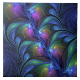 Colorful Luminous Abstract Blue Pink Green Fractal Ceramic Tile