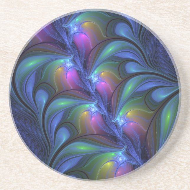 Colorful Luminous Abstract Blue Pink Green Fractal Coaster (Front)