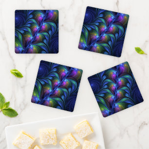 Colorful Luminous Abstract Blue Pink Green Fractal Coaster Set