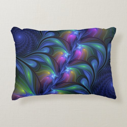 Colorful Luminous Abstract Blue Pink Green Fractal Decorative Pillow
