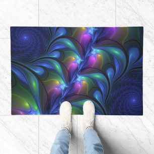 Colorful Luminous Abstract Blue Pink Green Fractal Doormat