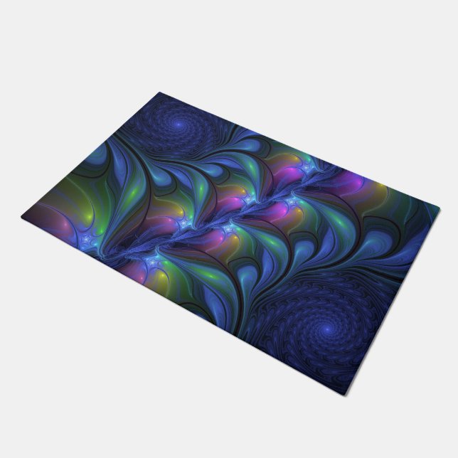 Colorful Luminous Abstract Blue Pink Green Fractal Doormat (Angled)
