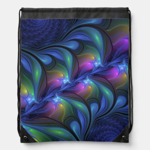 Colorful Luminous Abstract Blue Pink Green Fractal Drawstring Bag