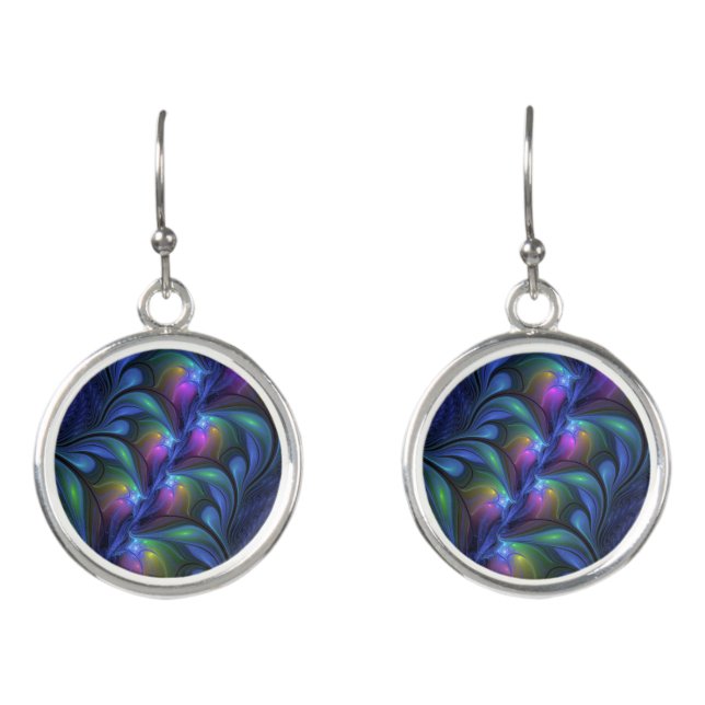 Colorful Luminous Abstract Blue Pink Green Fractal Earrings (Front)