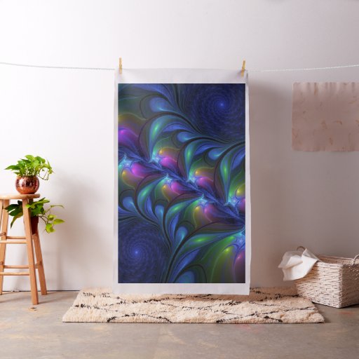 Colorful Luminous Abstract Blue Pink Green Fractal Fabric