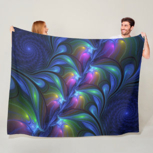 Colorful Luminous Abstract Blue Pink Green Fractal Fleece Blanket