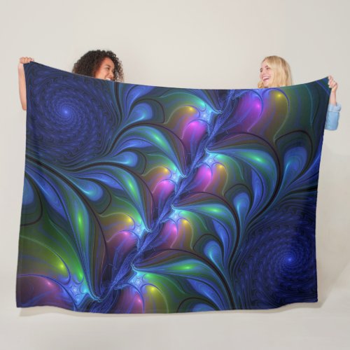 Colorful Luminous Abstract Blue Pink Green Fractal Fleece Blanket