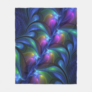 Colorful Luminous Abstract Blue Pink Green Fractal Fleece Blanket