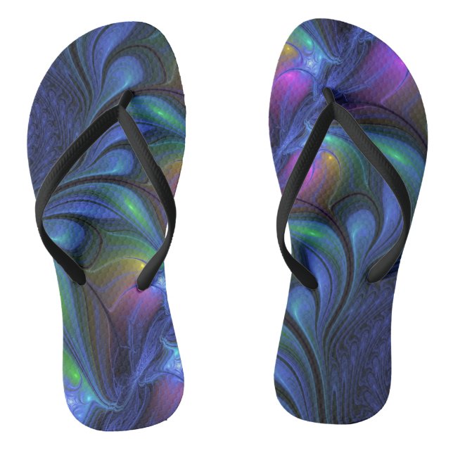 Colorful Luminous Abstract Blue Pink Green Fractal Flip Flops (Footbed)