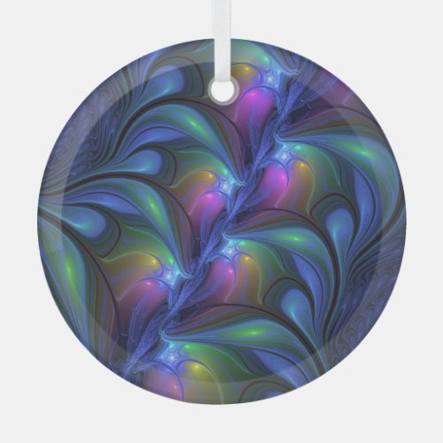 Colorful Luminous Abstract Blue Pink Green Fractal Glass Ornament