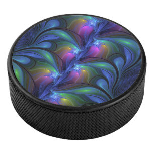 Colorful Luminous Abstract Blue Pink Green Fractal Hockey Puck