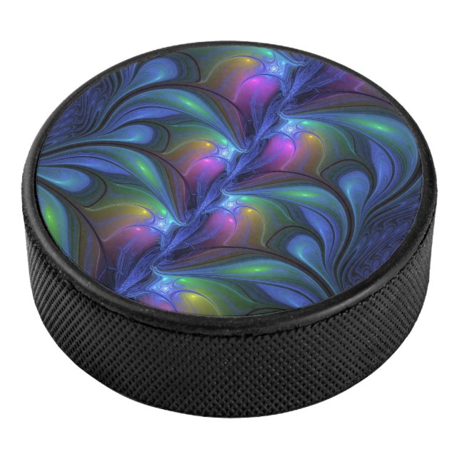 Colorful Luminous Abstract Blue Pink Green Fractal Hockey Puck (3/4)