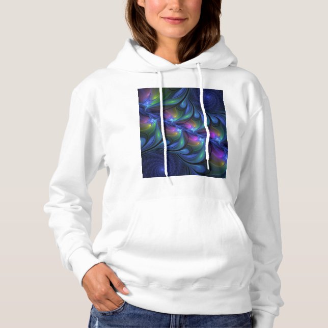 Colorful Luminous Abstract Blue Pink Green Fractal Hoodie (Front)