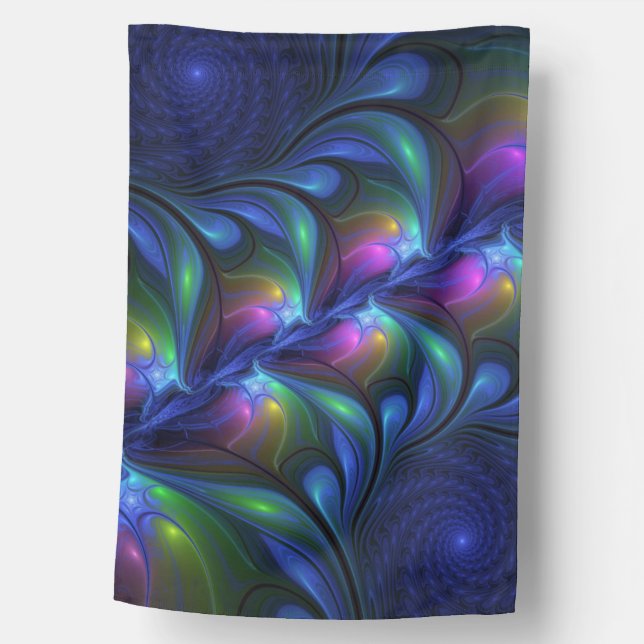 Colorful Luminous Abstract Blue Pink Green Fractal House Flag (Front)