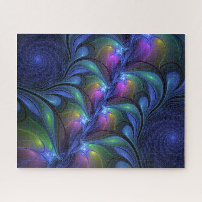 Colorful Luminous Abstract Blue Pink Green Fractal Jigsaw Puzzle (Horizontal)