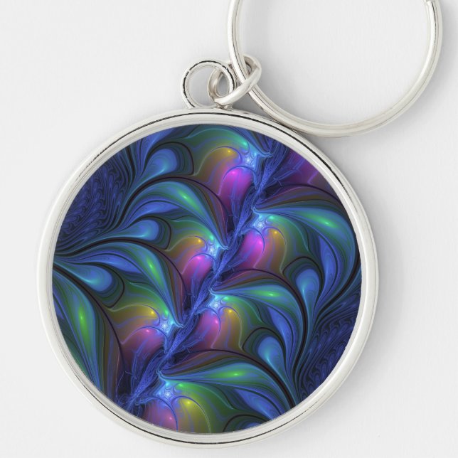 Colorful Luminous Abstract Blue Pink Green Fractal Keychain (Front)