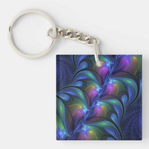 Colorful Luminous Abstract Blue Pink Green Fractal Keychain