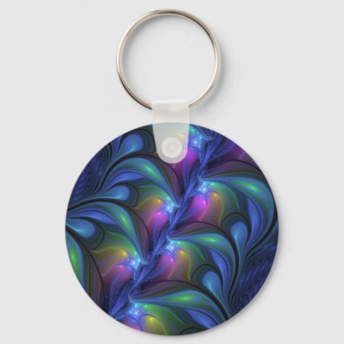 Colorful Luminous Abstract Blue Pink Green Fractal Keychain