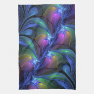 Colorful Luminous Abstract Blue Pink Green Fractal Kitchen Towel