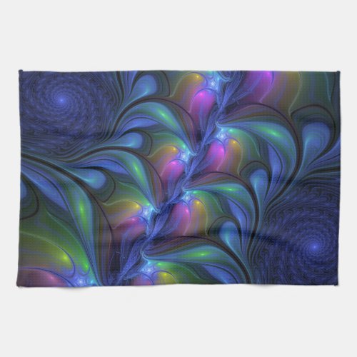 Colorful Luminous Abstract Blue Pink Green Fractal Kitchen Towel