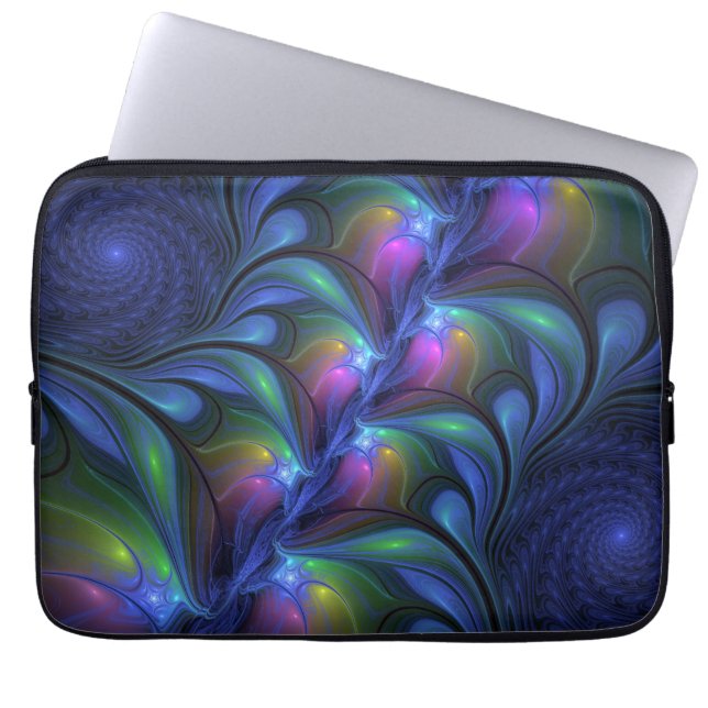 Colorful Luminous Abstract Blue Pink Green Fractal Laptop Sleeve (Front)