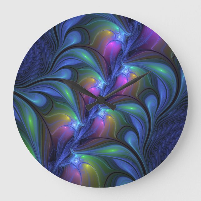 Colorful Luminous Abstract Blue Pink Green Fractal Large Clock (Front)