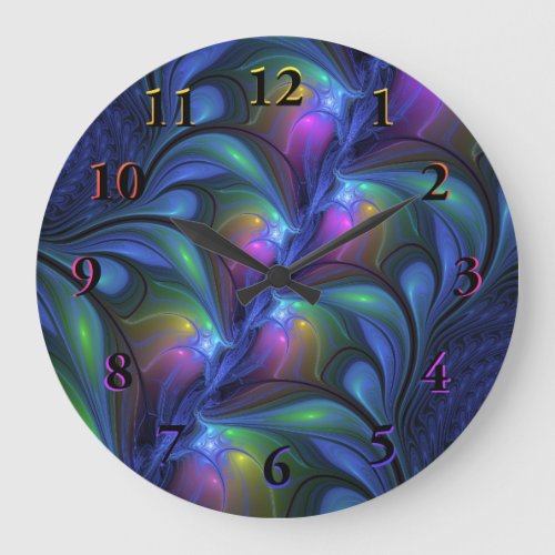 Colorful Luminous Abstract Blue Pink Green Fractal Large Clock